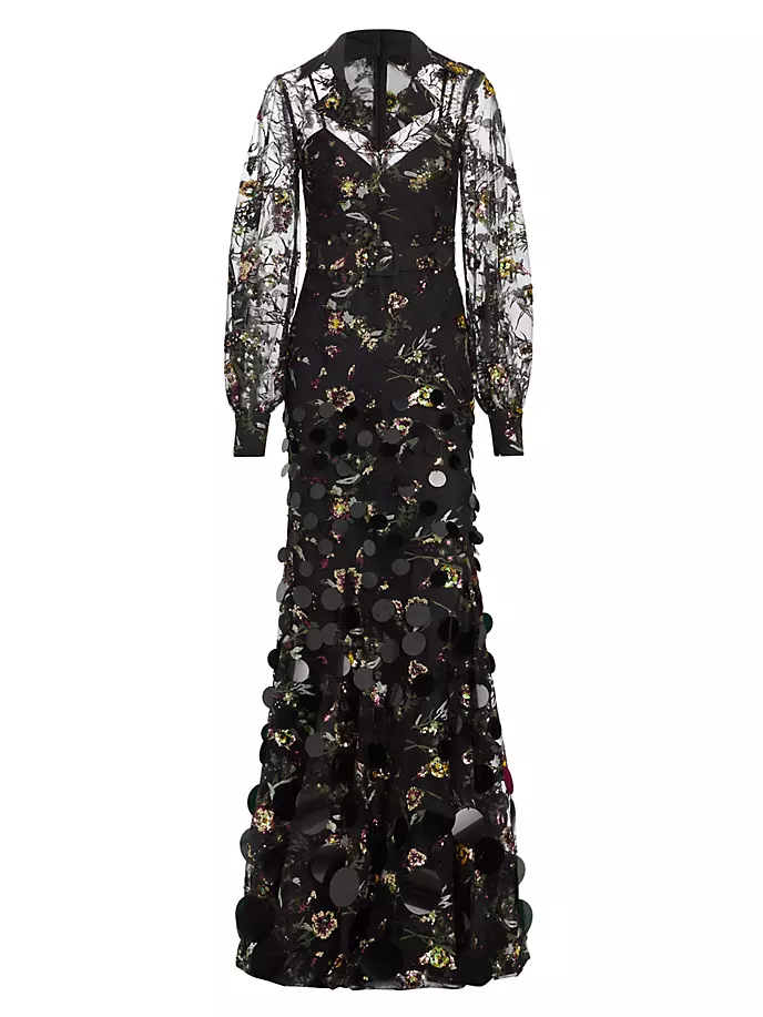 

Платье с объемными рукавами и кружевом и пайетками Badgley Mischka, черный