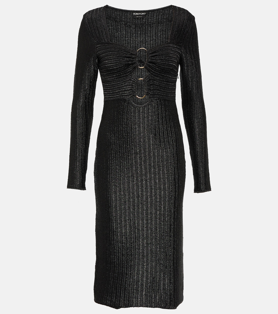 Платье миди из металлизированного хлопка и шерсти TOM FORD, черный