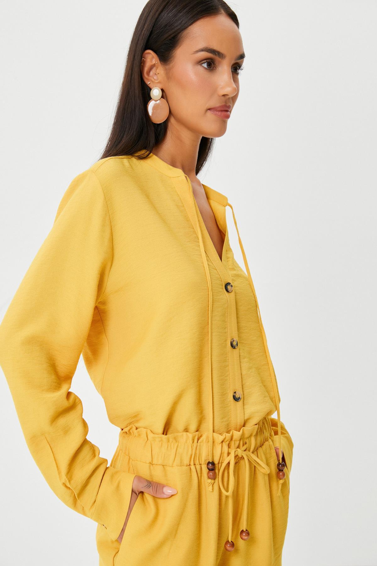 

Рубашка с длинным рукавом на пуговицах и завязке из смесовой вискозы с бисером Koton, желтый