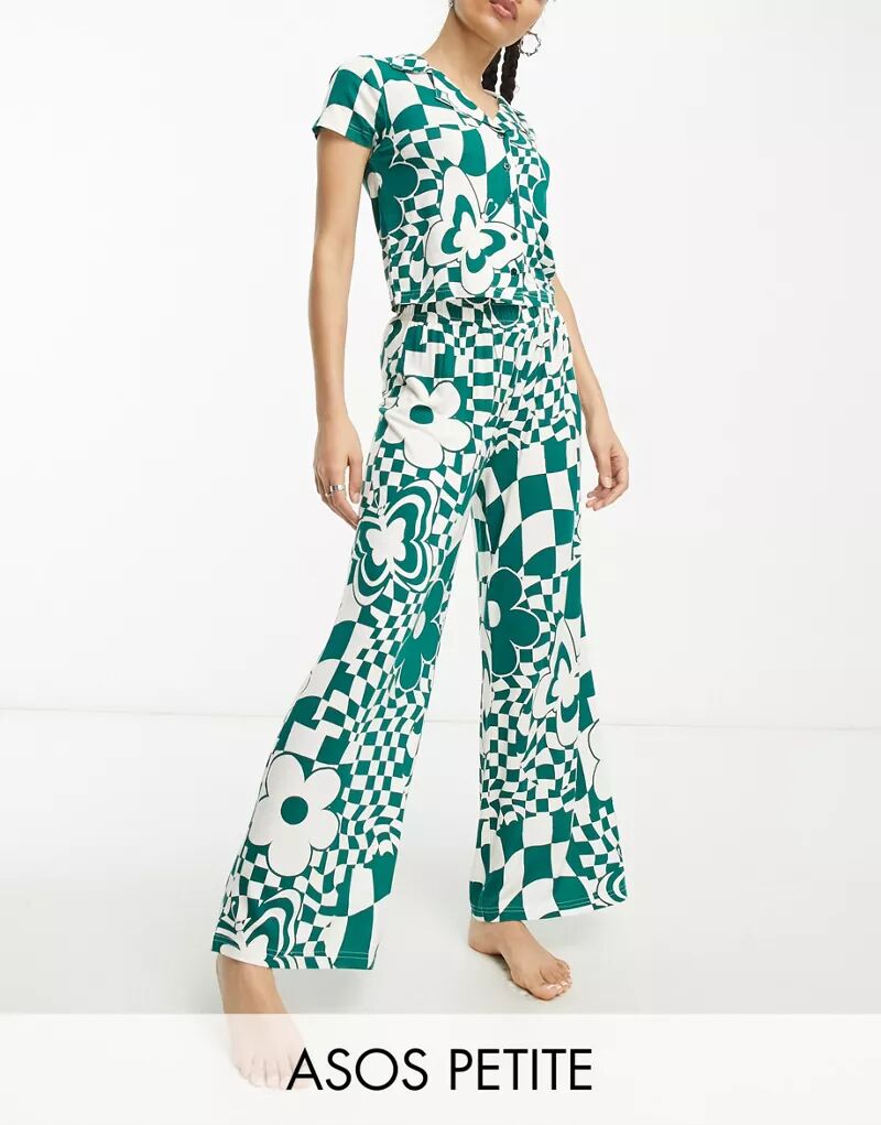 Эксклюзивная вискозная пижама ASOS DESIGN Petite с рубашкой и брюками зеленого цвета в шахматном порядке черная жаккардовая пижама topshop для беременных со звездами рубашкой и брюками