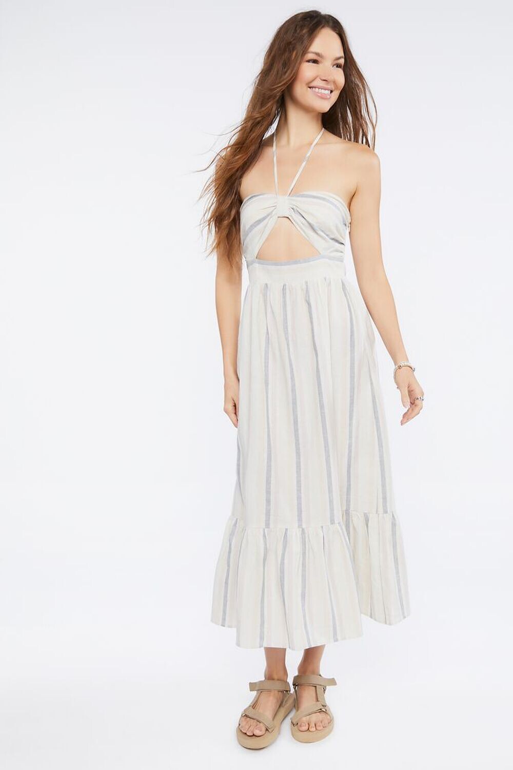 

Полосатое льняное платье-миди Forever 21, синий