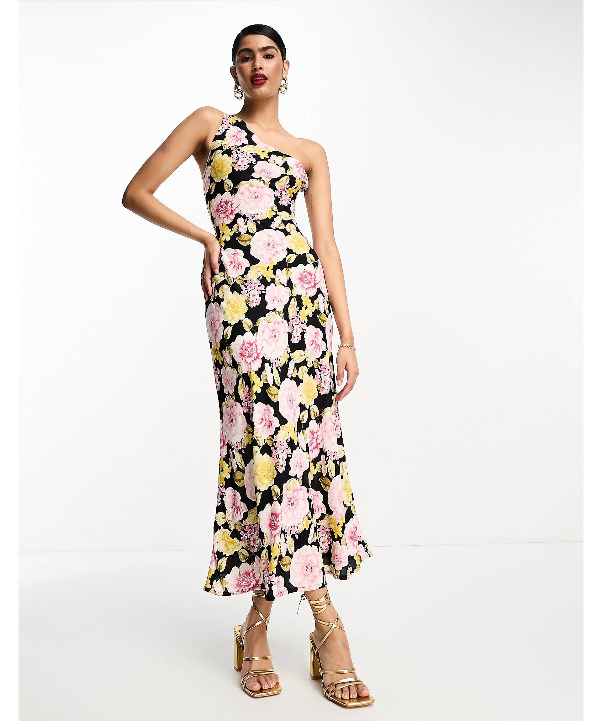 Платье миди из вискозы на одно плечо с цветочным принтом ASOS DESIGN