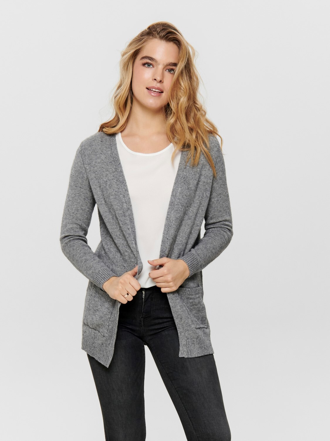 

Кардиган ONLY Lange Stretch Strickjacke Mantel mit Taschen ONLLESLY, серый