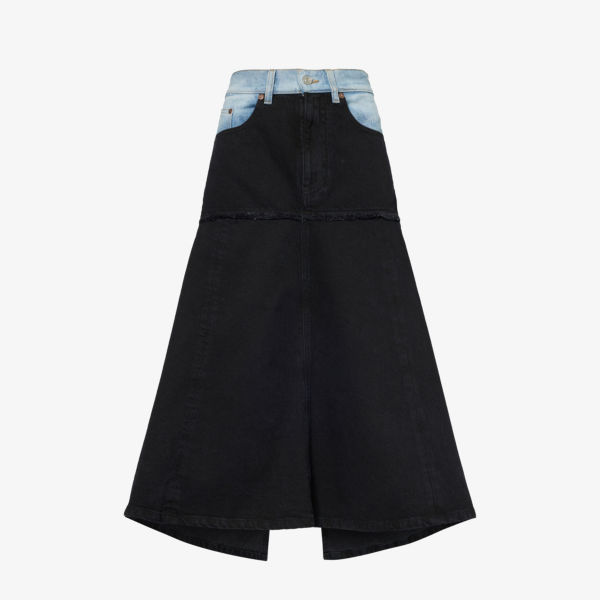 Джинсовая юбка миди с асимметричным подолом и контрастной вставкой Victoria Beckham, цвет contrast wash фотографии
