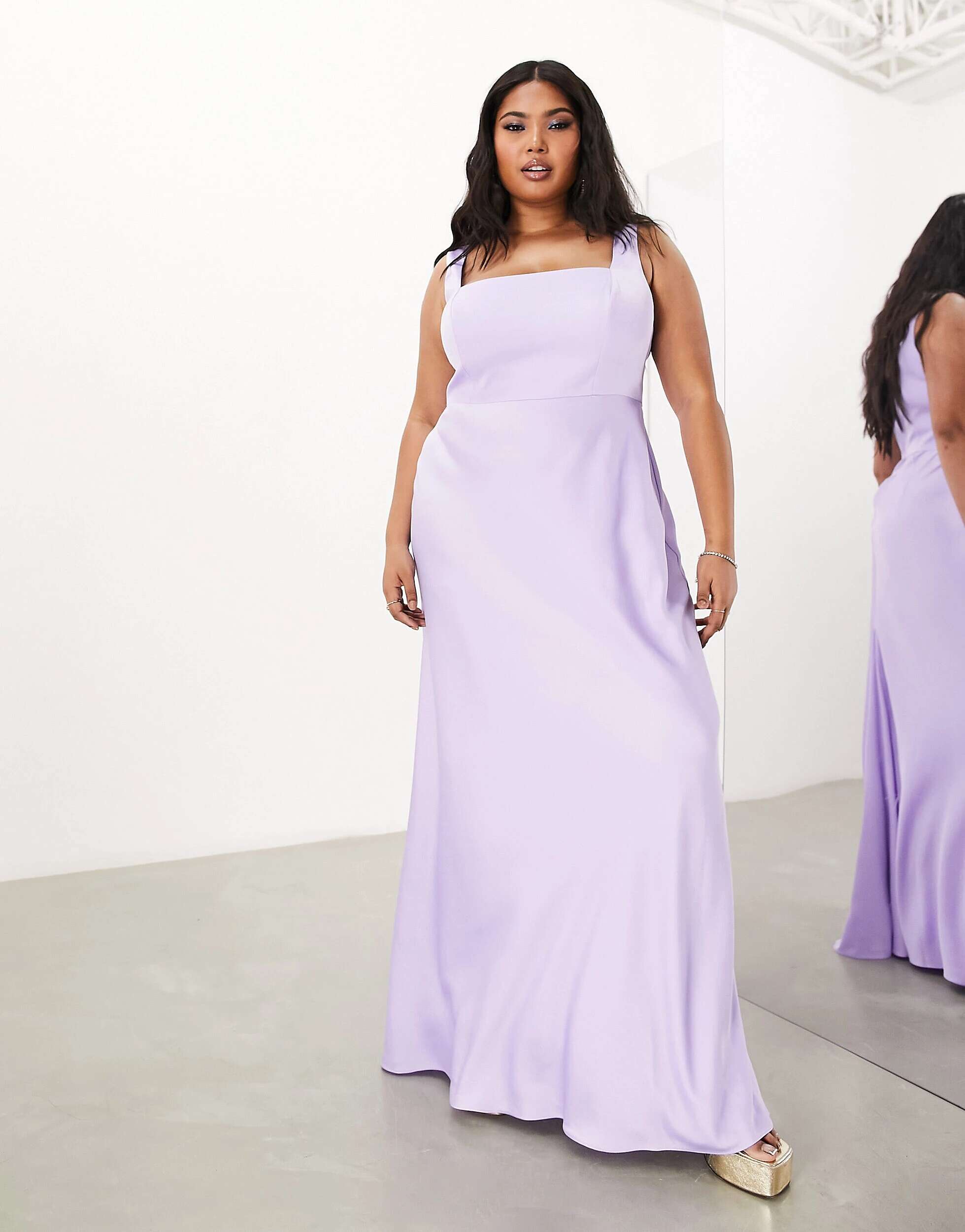 Сиреневое атласное платье макси с квадратным вырезом ASOS DESIGN Bridesmaid Curve