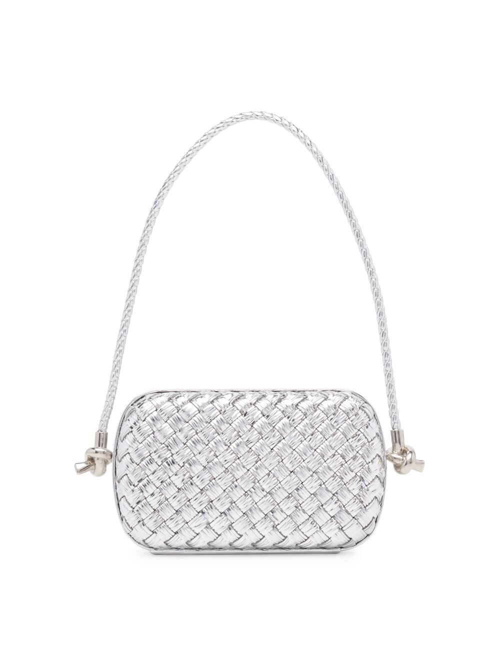 

Металлический кожаный клатч с узлом Bottega Veneta, серебряный