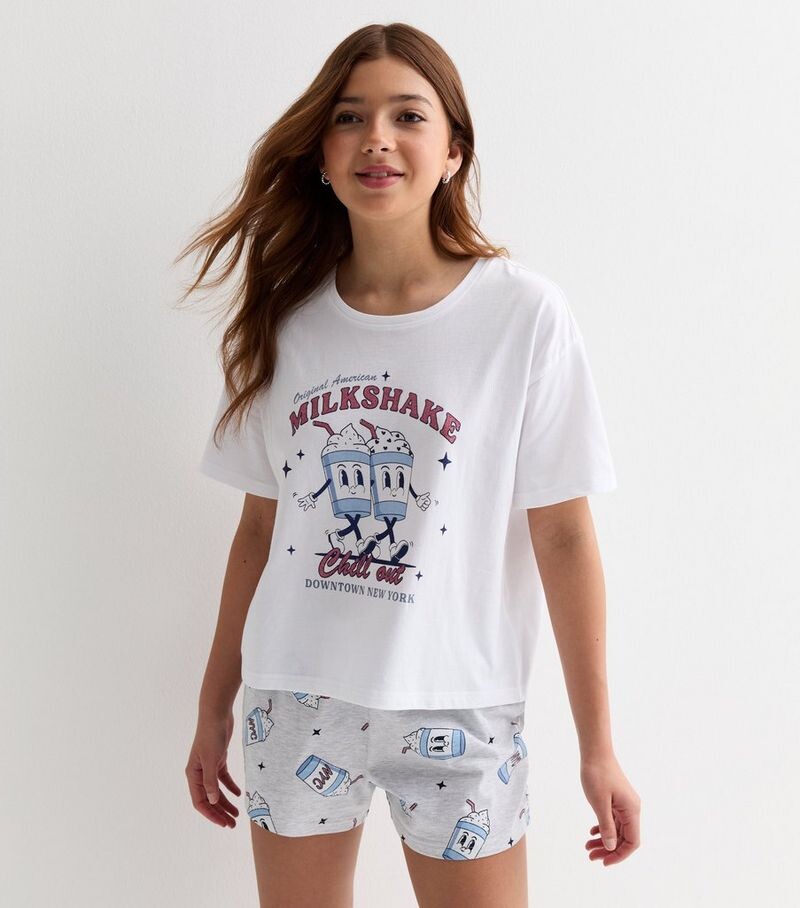 

Белый хлопковый короткий пижамный комплект для девочек с логотипом Milkshake New Look, белый