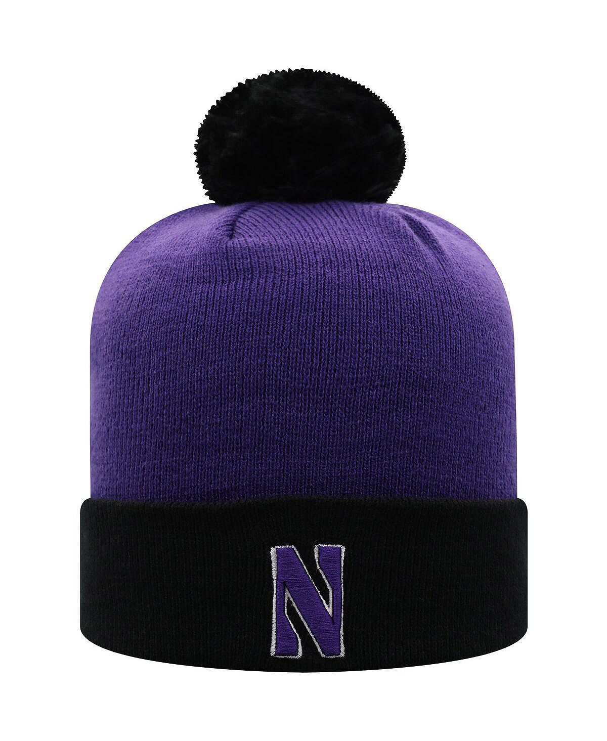 Мужская фиолетово-черная двухцветная вязаная шапка Northwestern Wildcats Core с манжетами и помпоном Top of the World