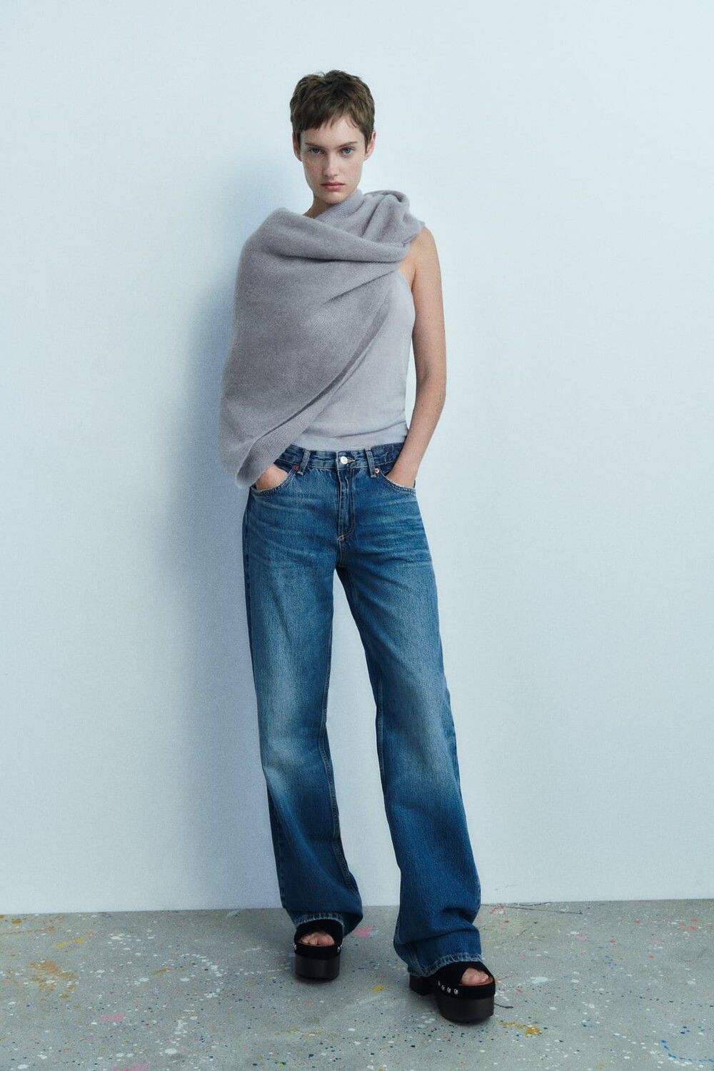 

Трикотажный топ-кейп из смесовой шерсти ZARA, серый