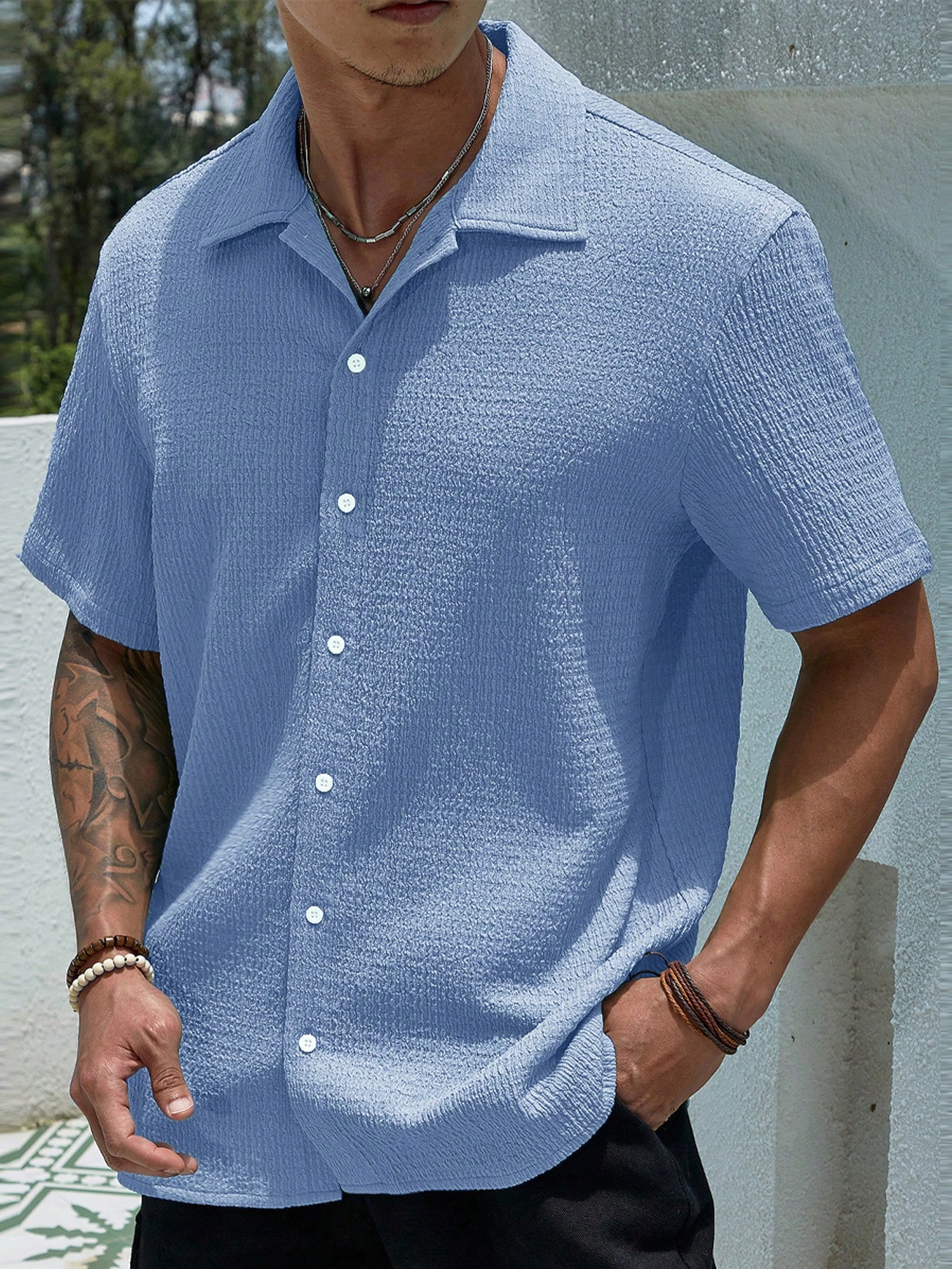 Мужская текстурированная рубашка на пуговицах с коротким рукавом Manfinity Homme, голубые рубашка мужская на пуговицах повседневная блуза с коротким рукавом свободного покроя модная сорочка на лето