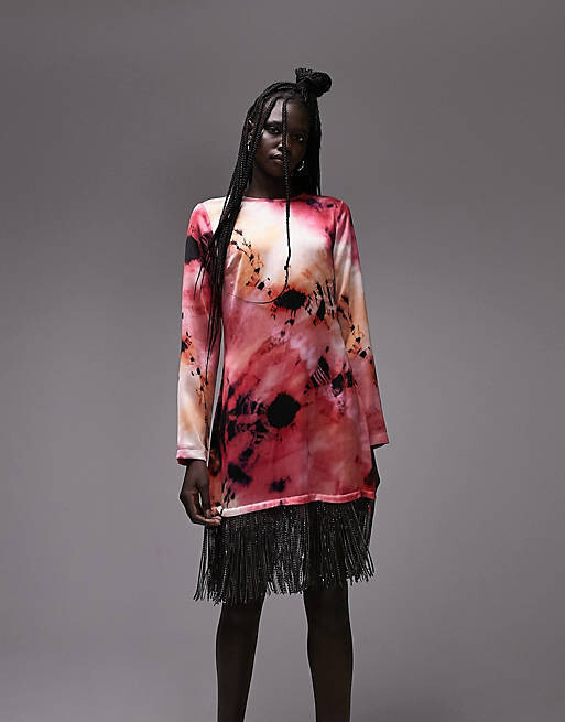 

Разноцветное платье миди с длинными рукавами и кисточкой из страз Topshop