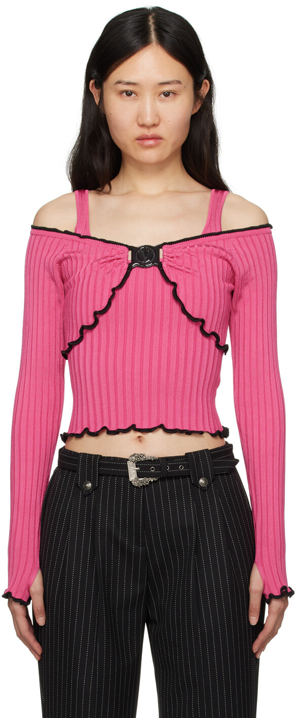 

Розовый свитер с V-образной эмблемой Versace Jeans Couture