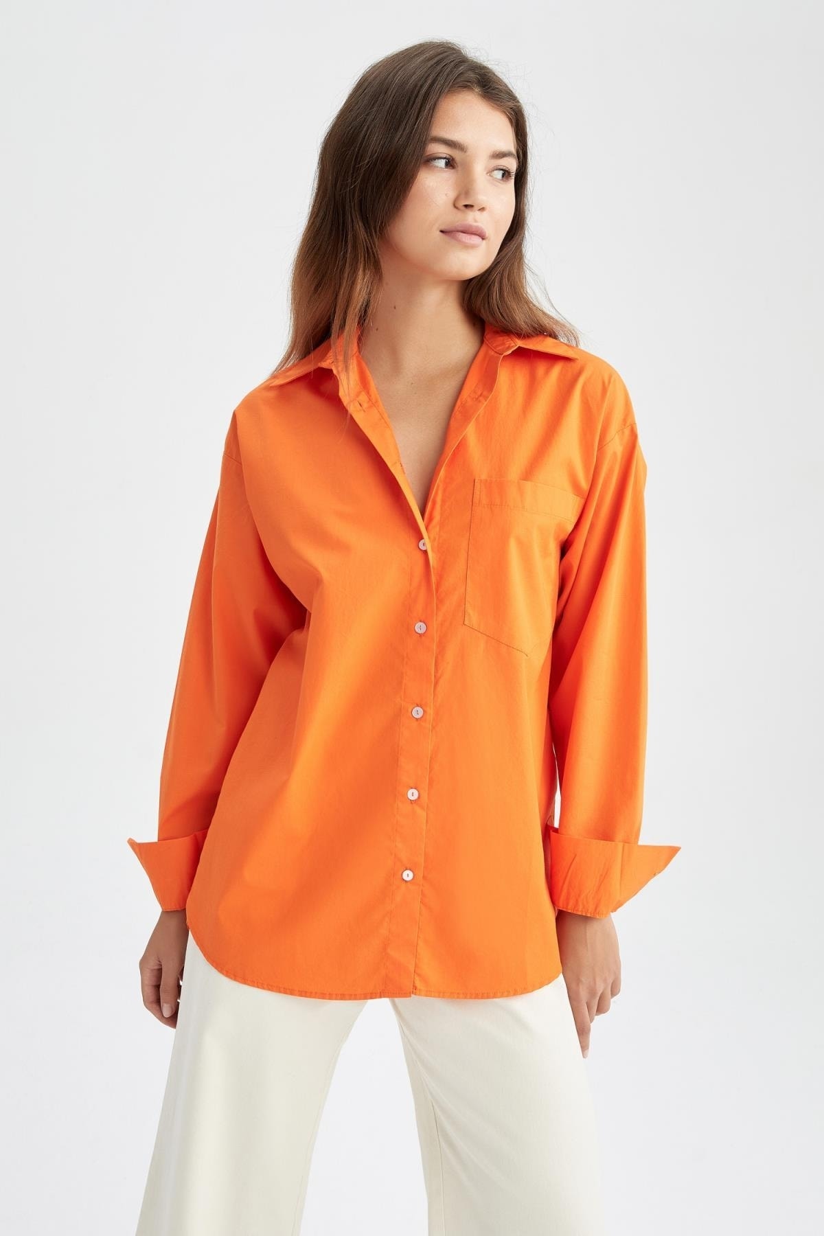 Рубашка оверсайз из 100% хлопка из поплина с длинными рукавами DeFacto, оранжевый