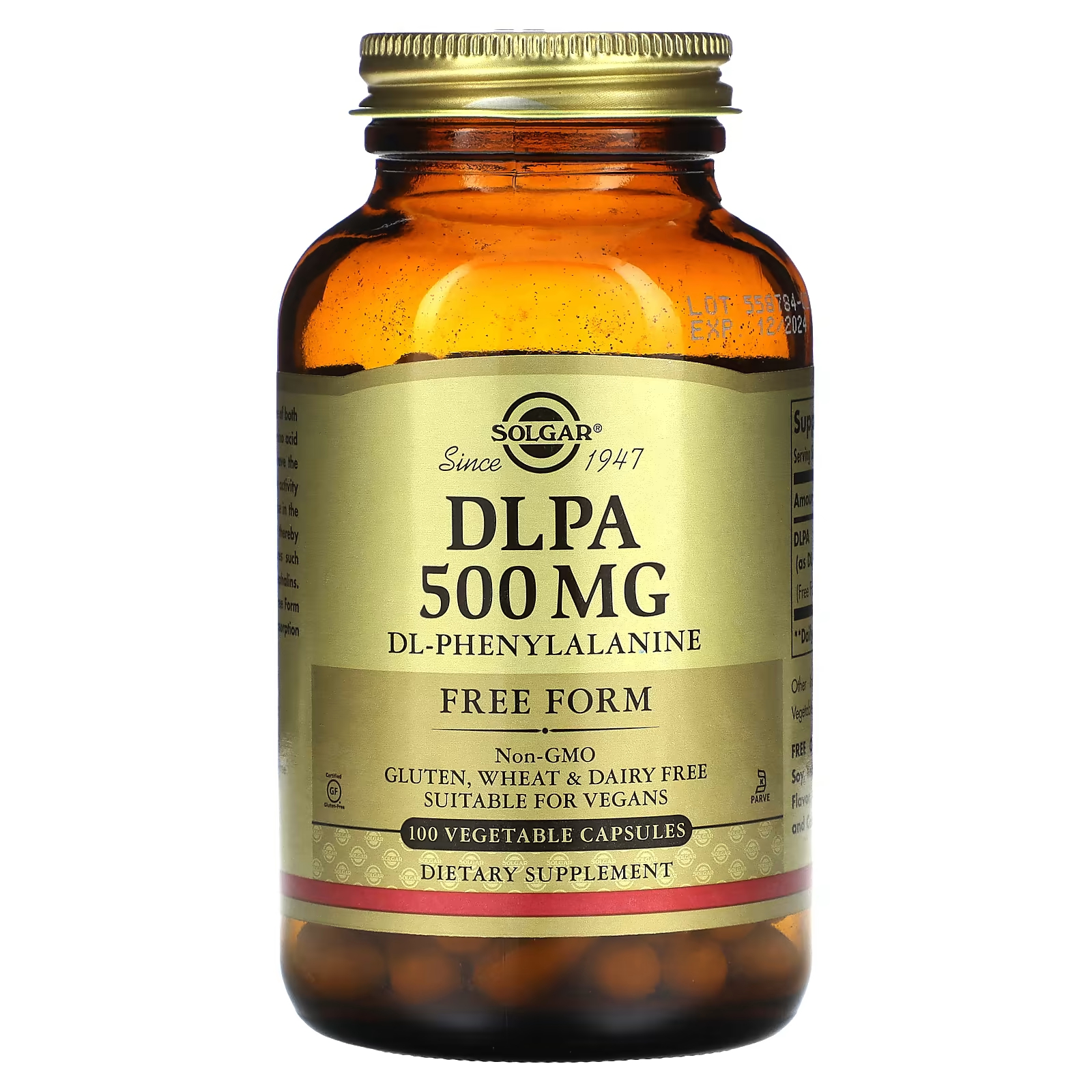 DL-фенилаланин Solgar DLPA в свободной форме, 100 растительных капсул kal dlpa dl фенилаланин 750 мг 60 таблеток