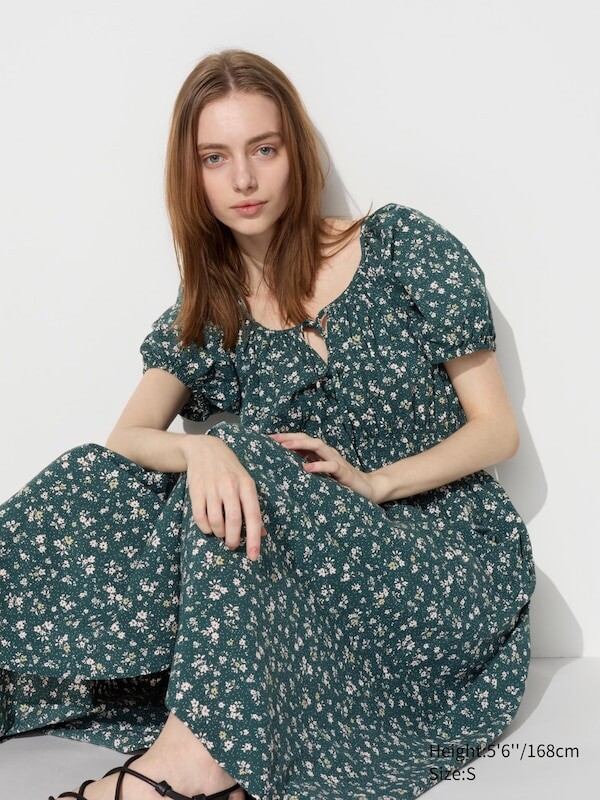 

Платье с объемным рукавом принт Uniqlo, зеленый