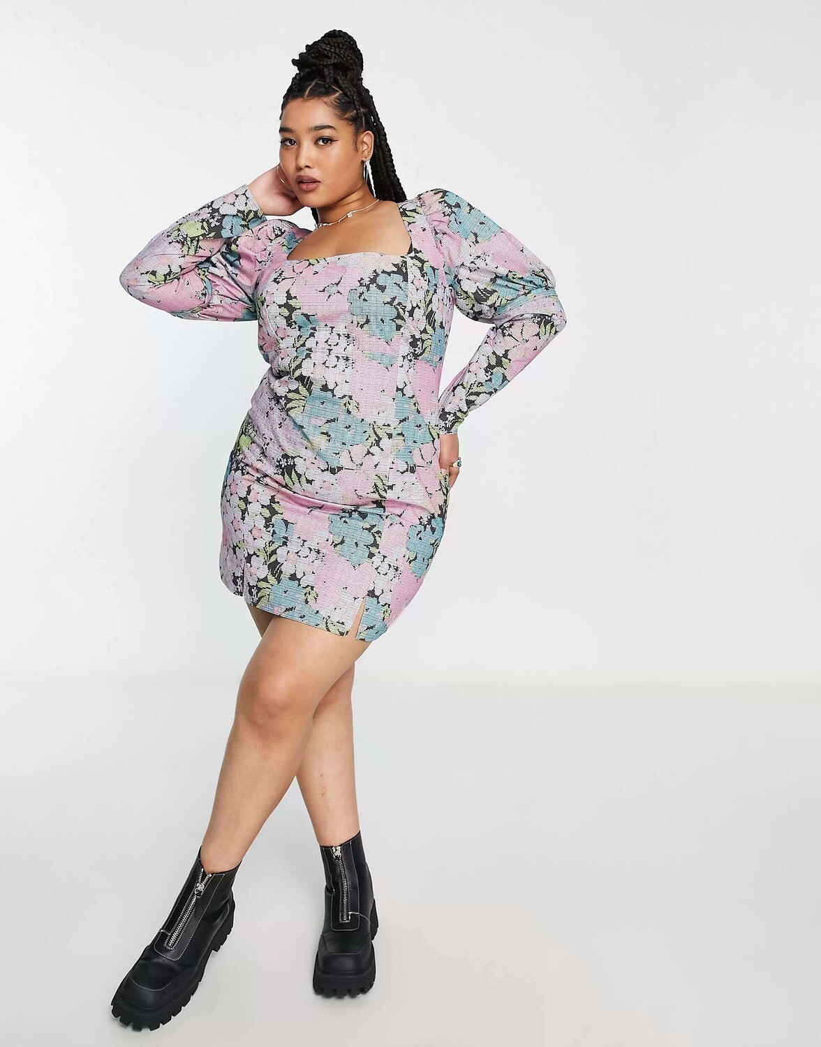 

Хлопковое мини-платье с цветочным принтом ASOS DESIGN Curve со съемными рукавами