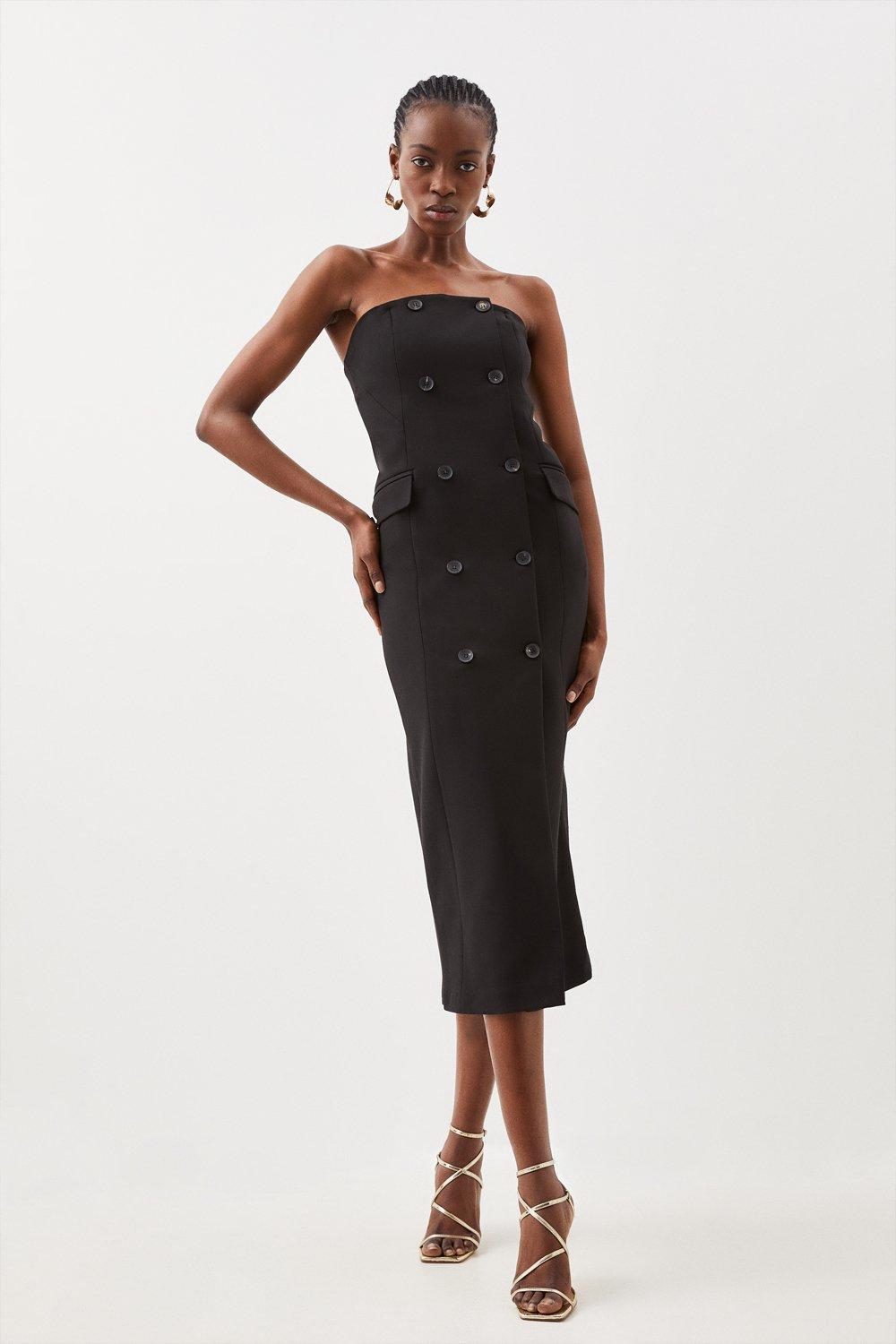 цена Компактное двубортное платье миди эластичного силуэта бандо Karen Millen, черный
