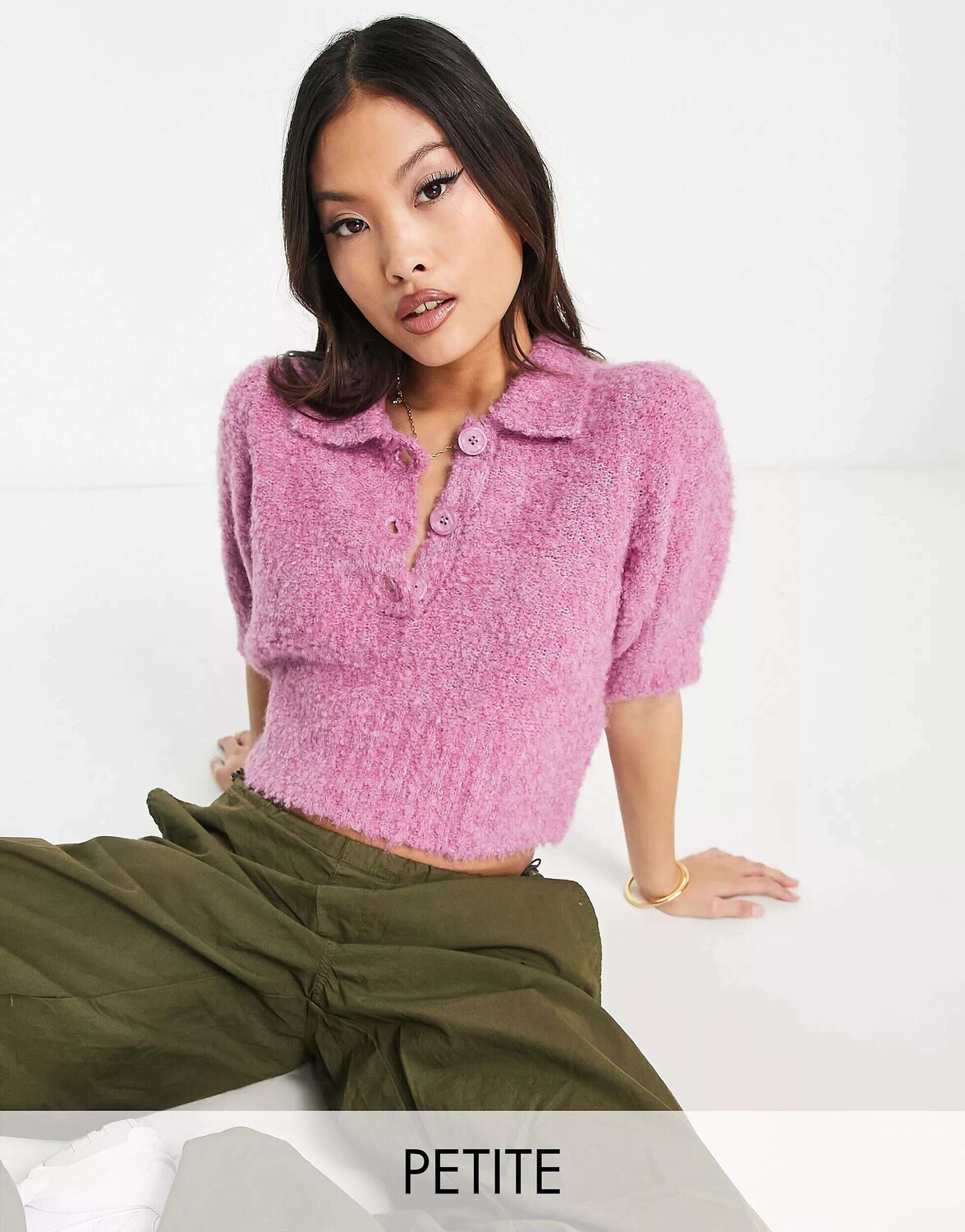 

Розовый вязаный топ с пушистыми пуговицами Vero Moda