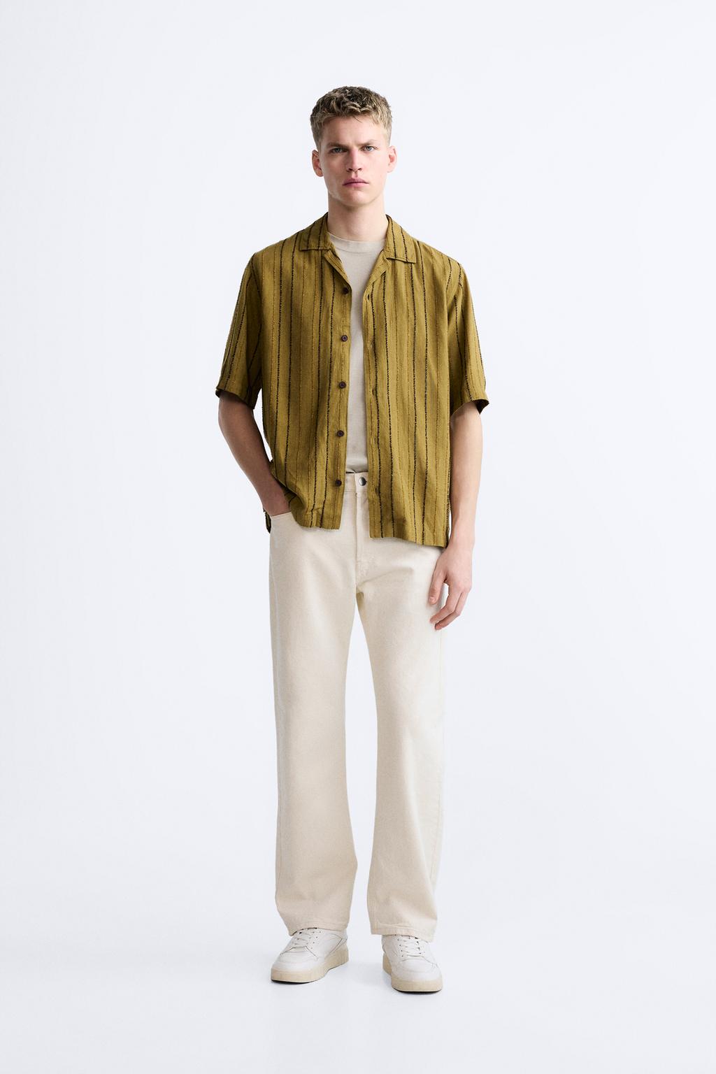 Рубашка из жаккарда в полоску ZARA, оливково-зеленый мужская летняя рубашка из хлопка и льна с коротким рукавом и воротником стойкой