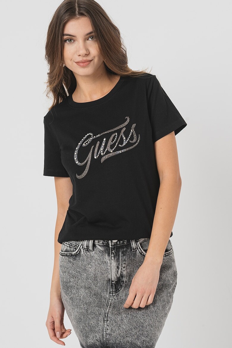 

Футболка с вышитым логотипом и декоративными камнями Guess, черный