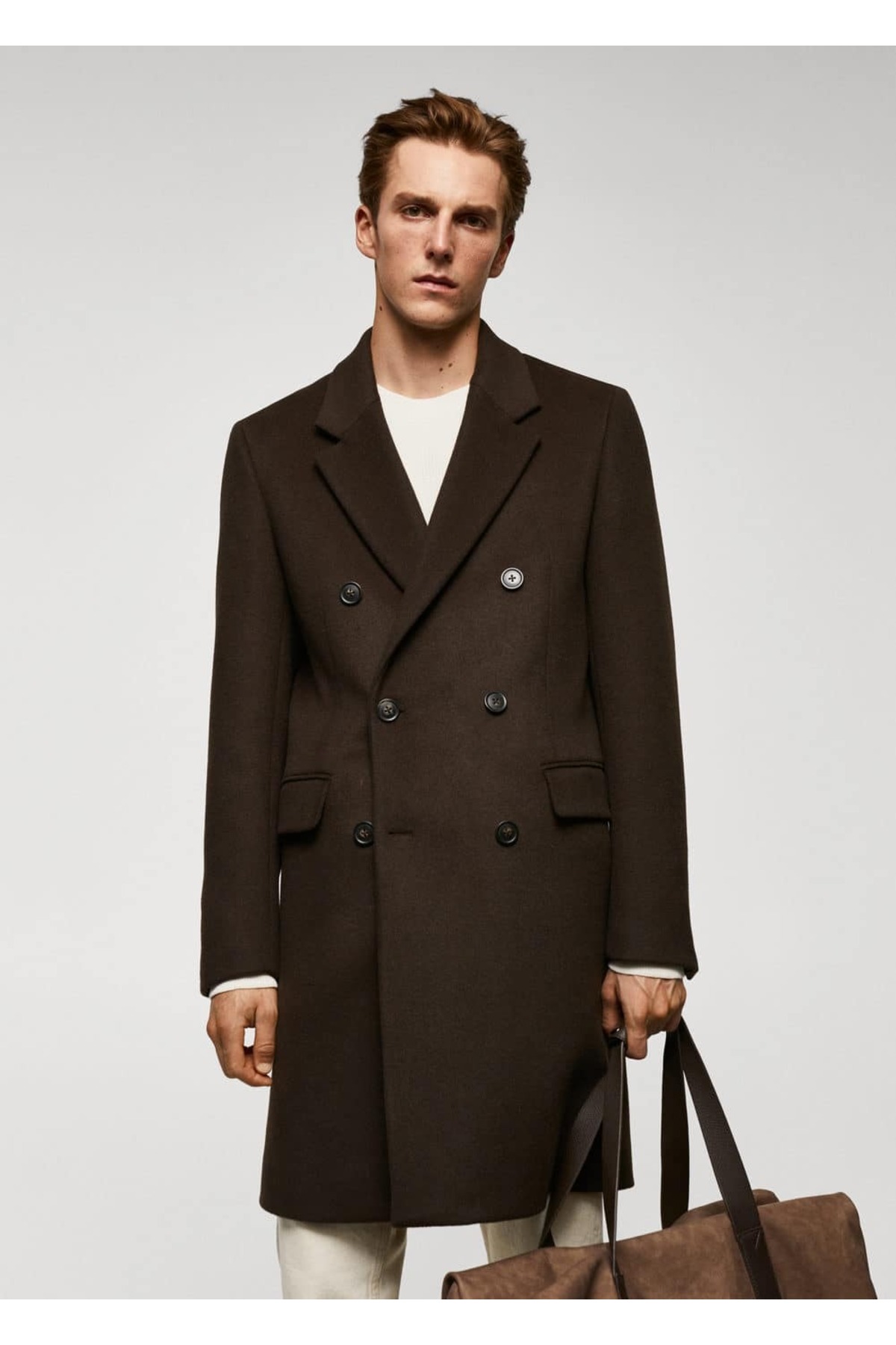 Двубортное пальто из переработанной шерсти Mango, коричневый