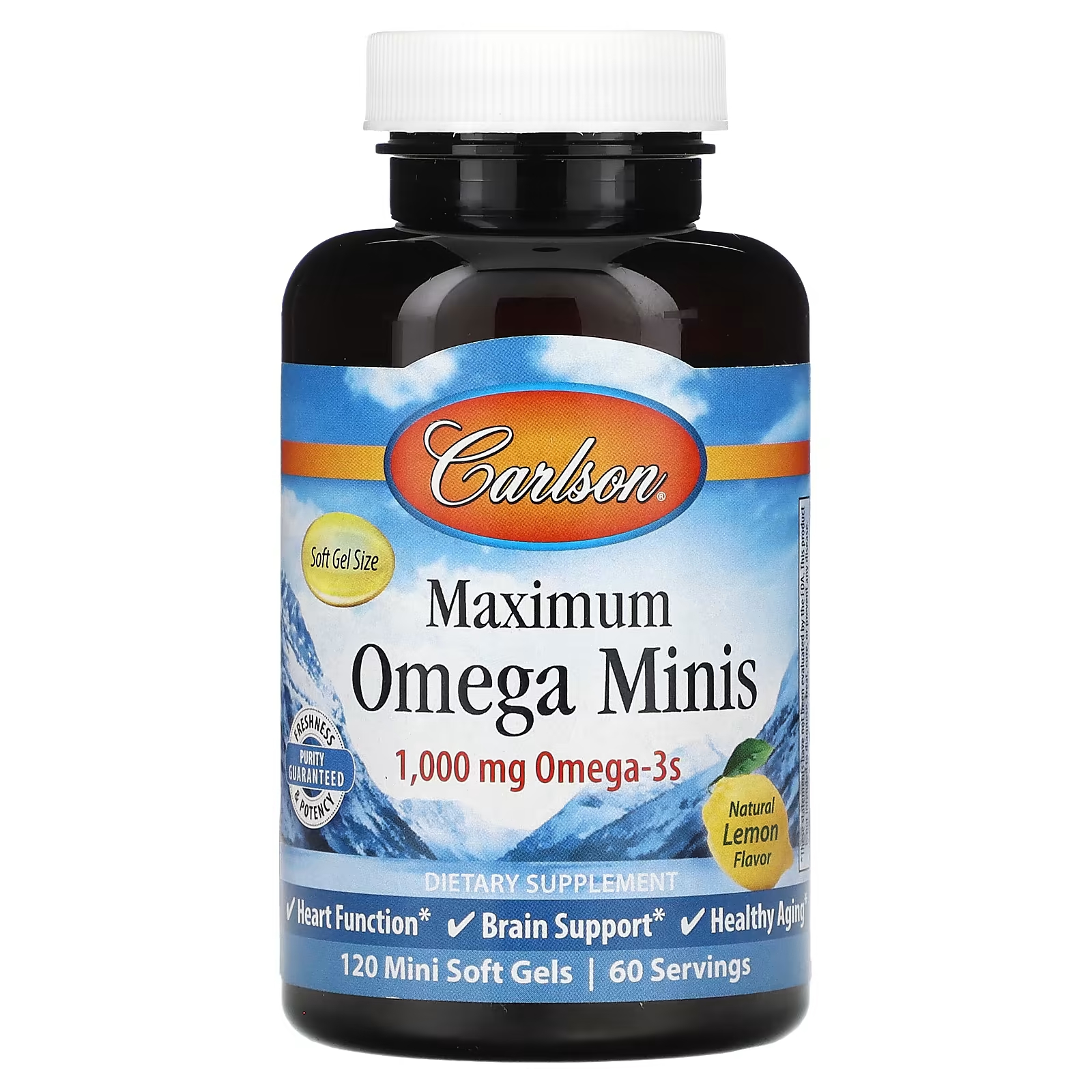 Омега-3 Carlson Maximum Omega Minis с лимонным вкусом 1000 мг, 120 мини-желатиновых капсул (500 мг на мягкую желатиновую капсулу)
