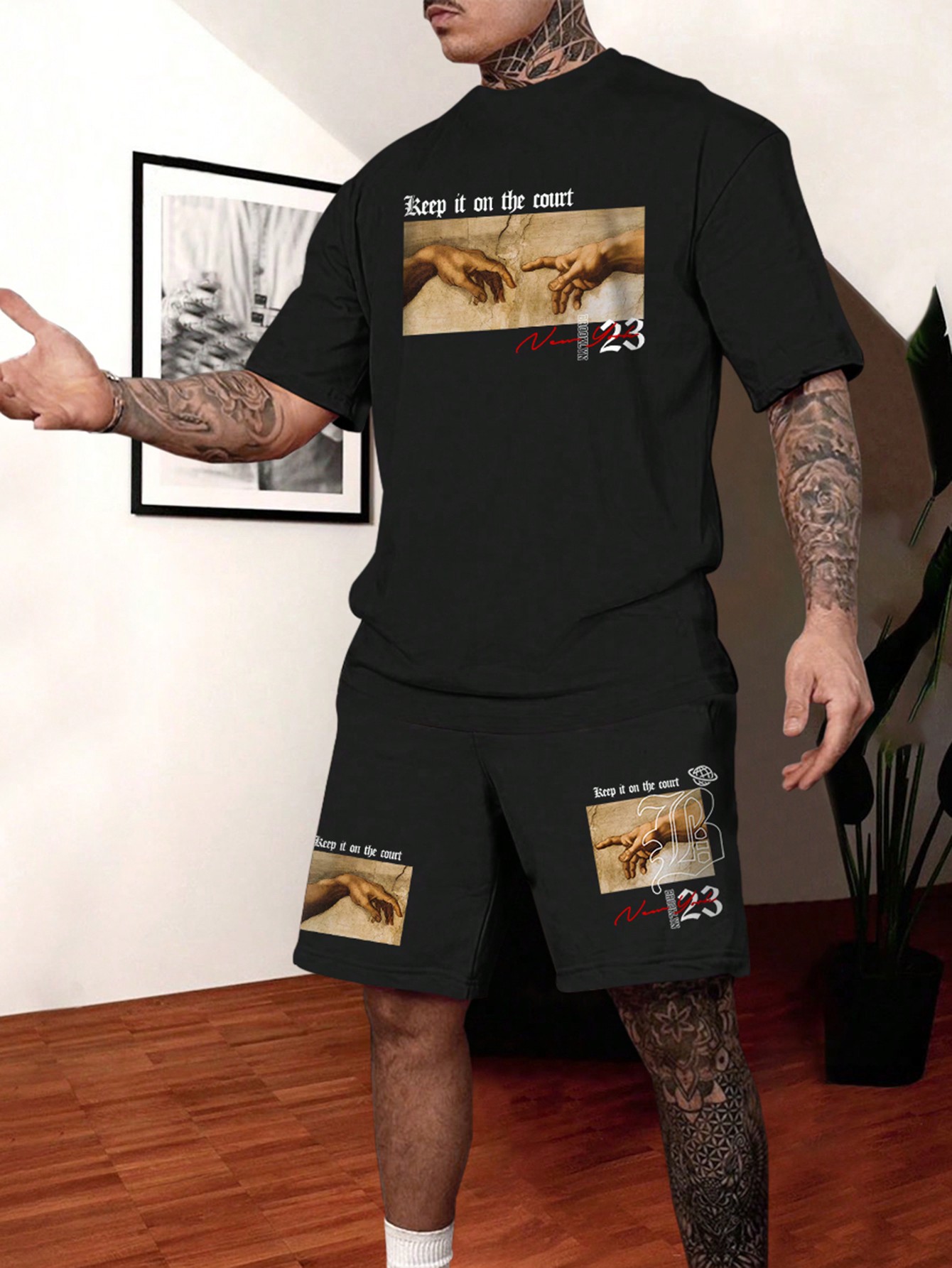 Мужская футболка с короткими рукавами и принтом масляной живописи Manfinity LEGND, черный комплект мужских футболок с принтом