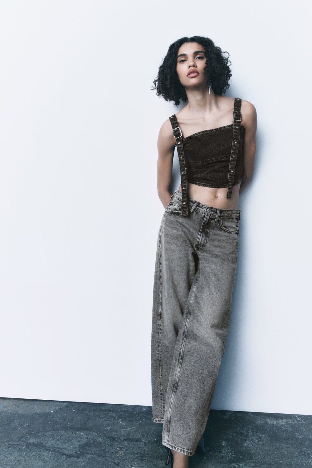 

Топ из денима с пряжкой trf Zara, браун