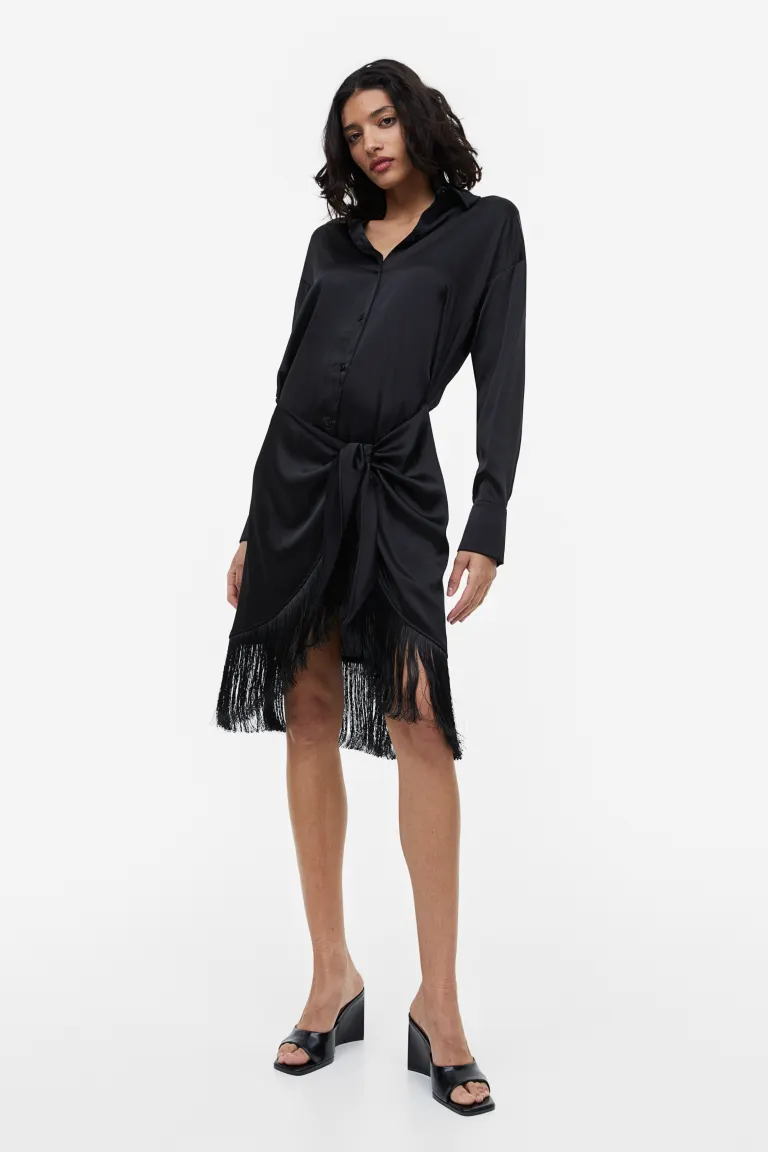 Платье-рубашка с бахромой H&M, черный платье рубашка с переводом h