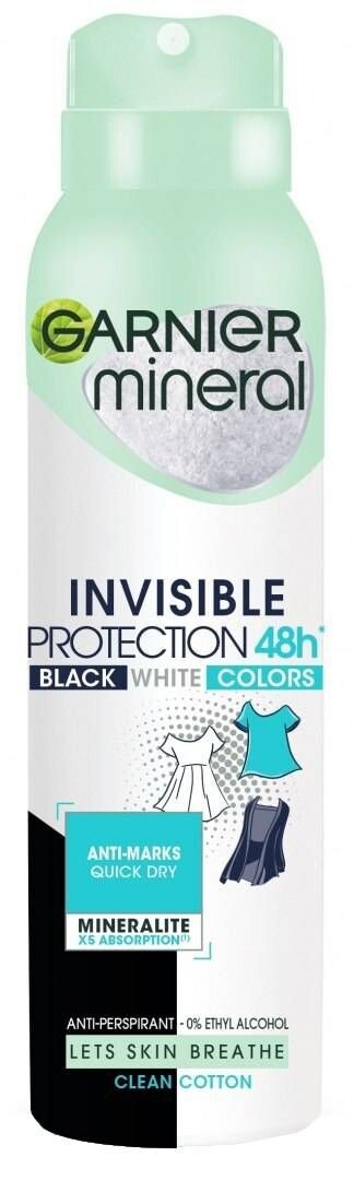 

Антиперспирант для женщин Garnier Invisible Black White Color Clean Cotton, 150 мл