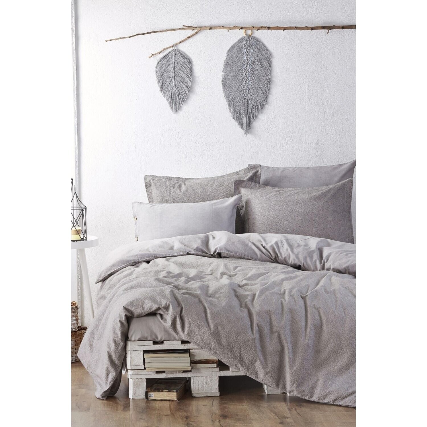 

Комплект постельного белья Ecocotton Larren, 100% органический хлопок, атлас, вышивка, серый, 200X220 см
