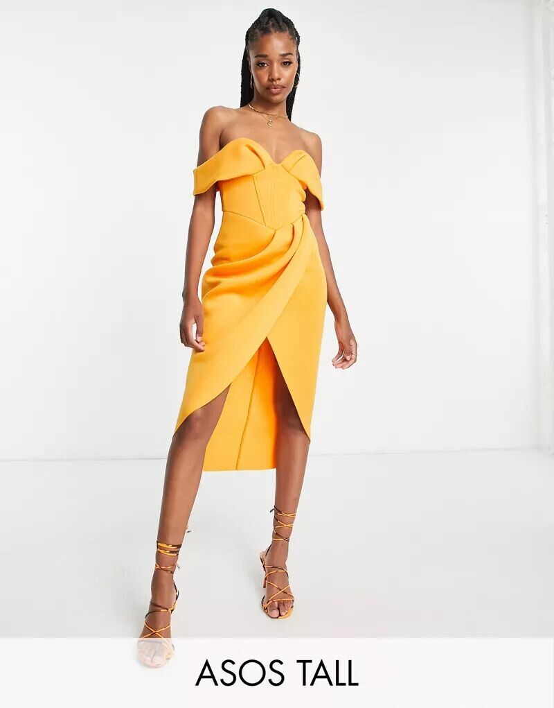 

Корсетное платье миди с открытыми плечами ASOS DESIGN Tall бархатного цвета