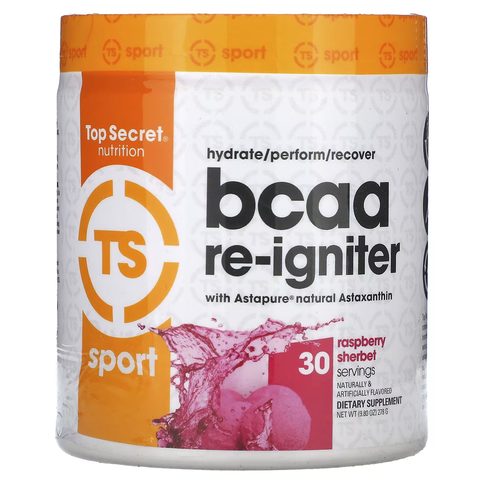 Пищевая добавка Astapure Nautral Top Secret Nutrition Sport BCAA Re-Igniter с астаксантином и малиновым шербетом, 278 г