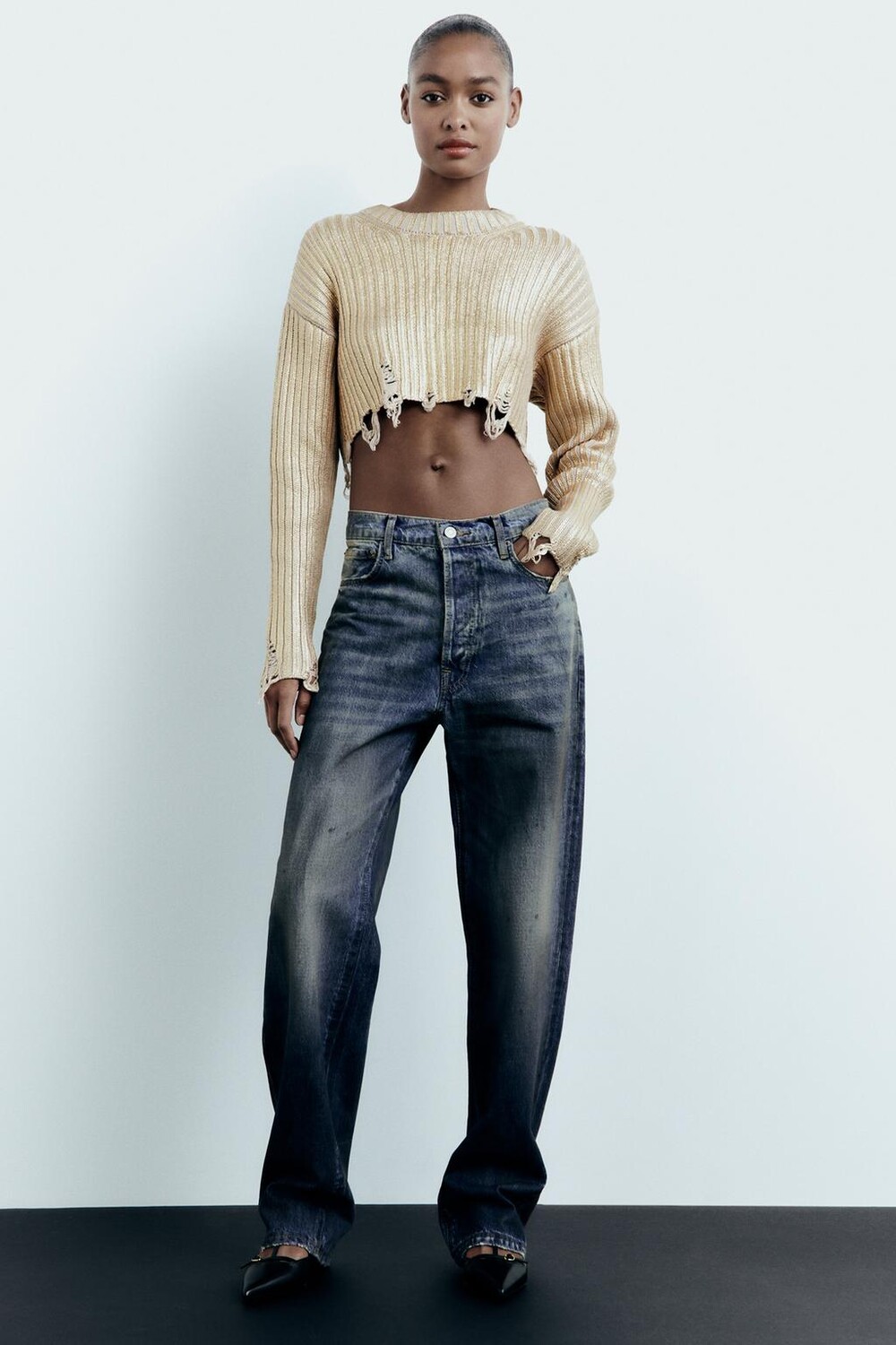 

Укороченный трикотажный свитер из фольги ZARA, золото, Желтый