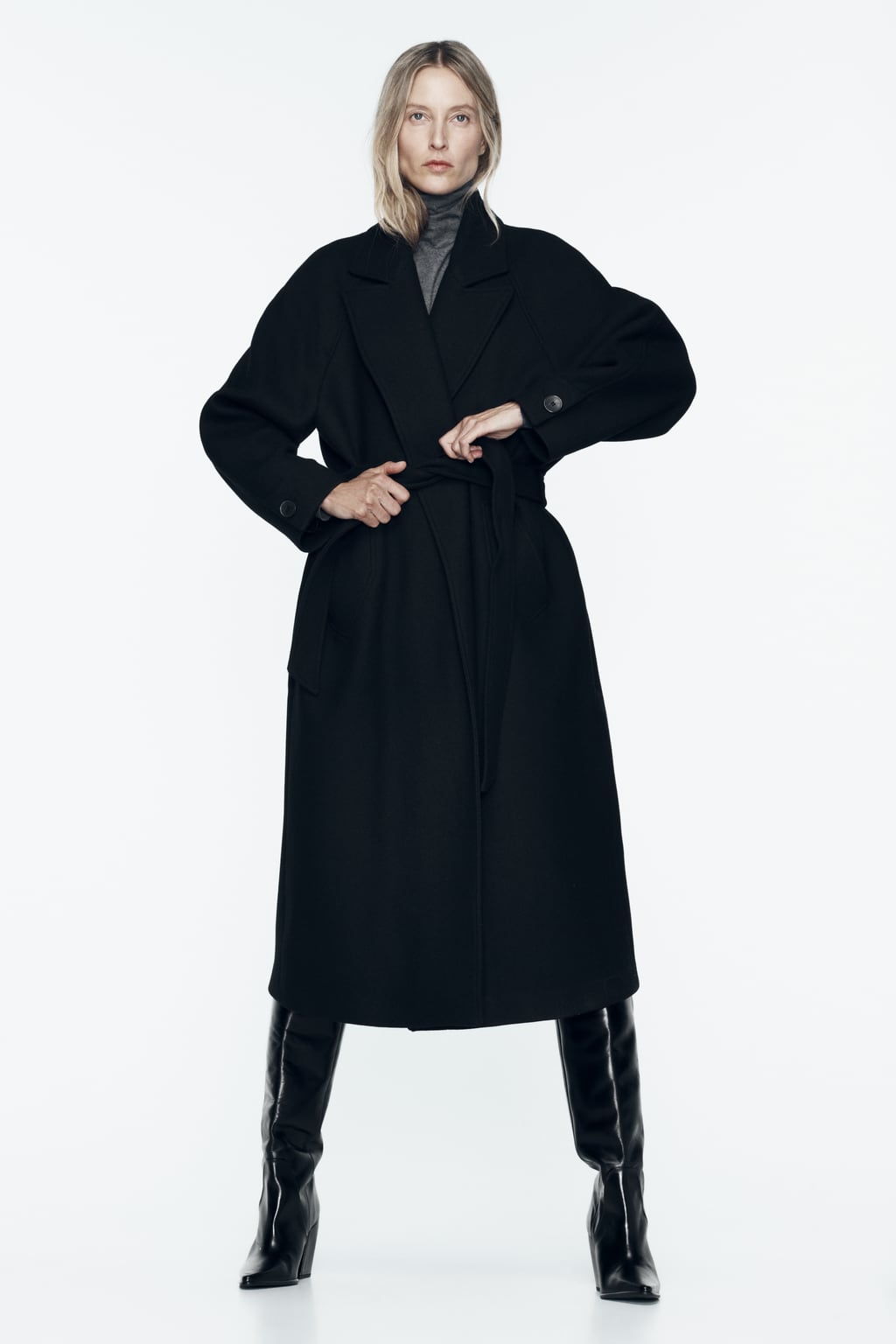 Удлиненное пальто из смесовой шерсти с поясом ZARA, черный брюки из шерсти с поясом zara защитный зеленый