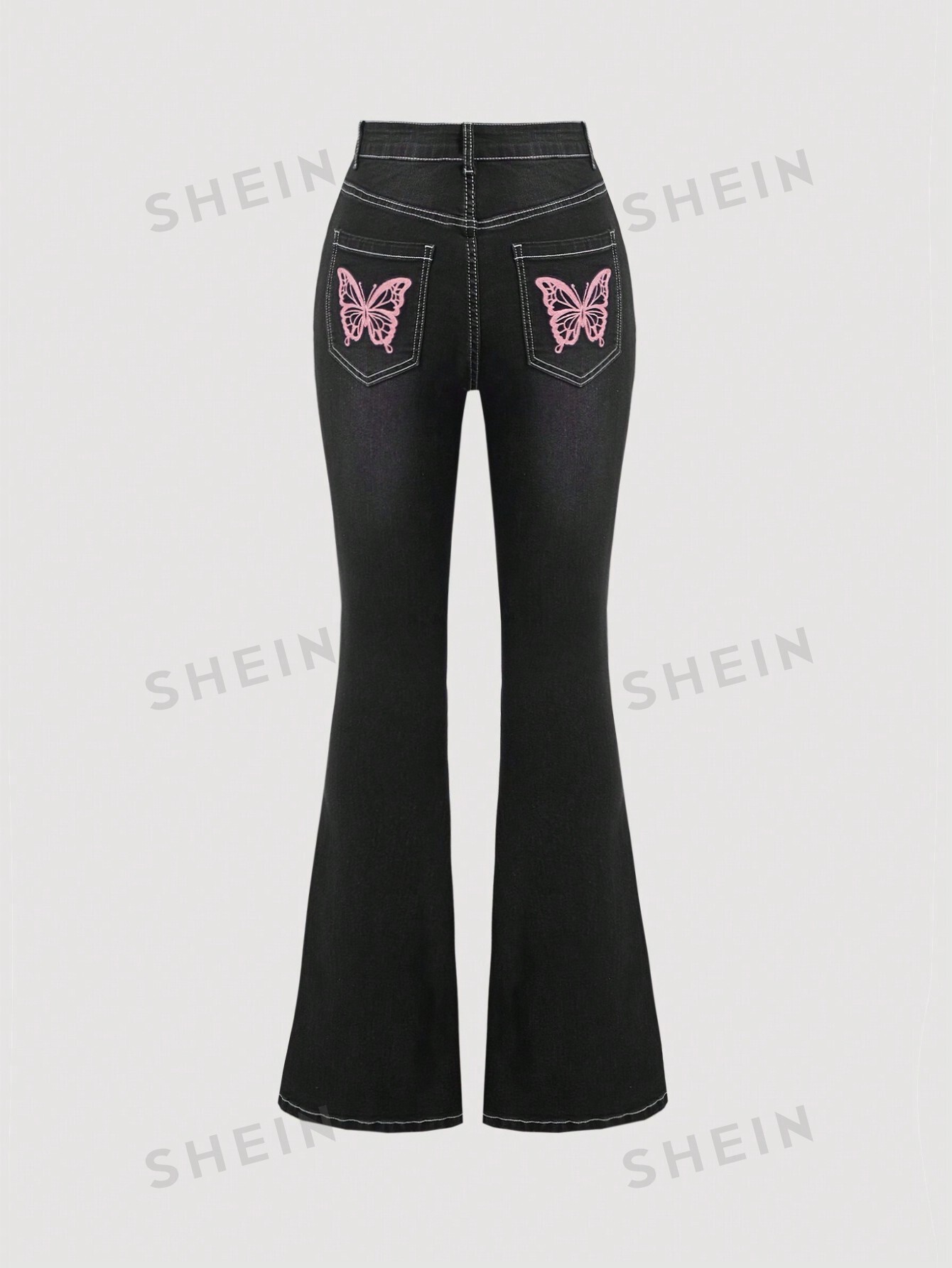 SHEIN MOD Женские расклешенные джинсы с вышивкой бабочки, черный цена и фото