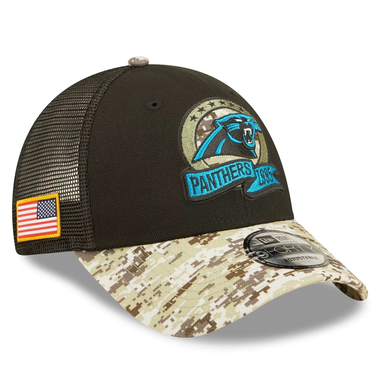 

Мужская кепка New Era Black/ Carolina Panthers 2022 Salute To Service 9FORTY Snapback Trucker Hat