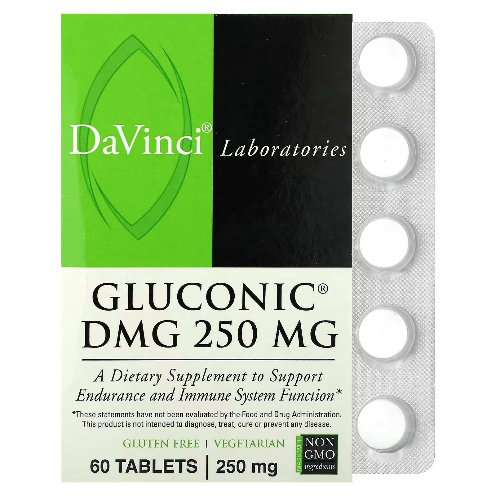 Глюконик DMG DaVinci Laboratories of Vermont 250 мг, 60 таблеток davinci laboratories of vermont chewable c 300 апельсин ананас 300 мг 90 таблеток