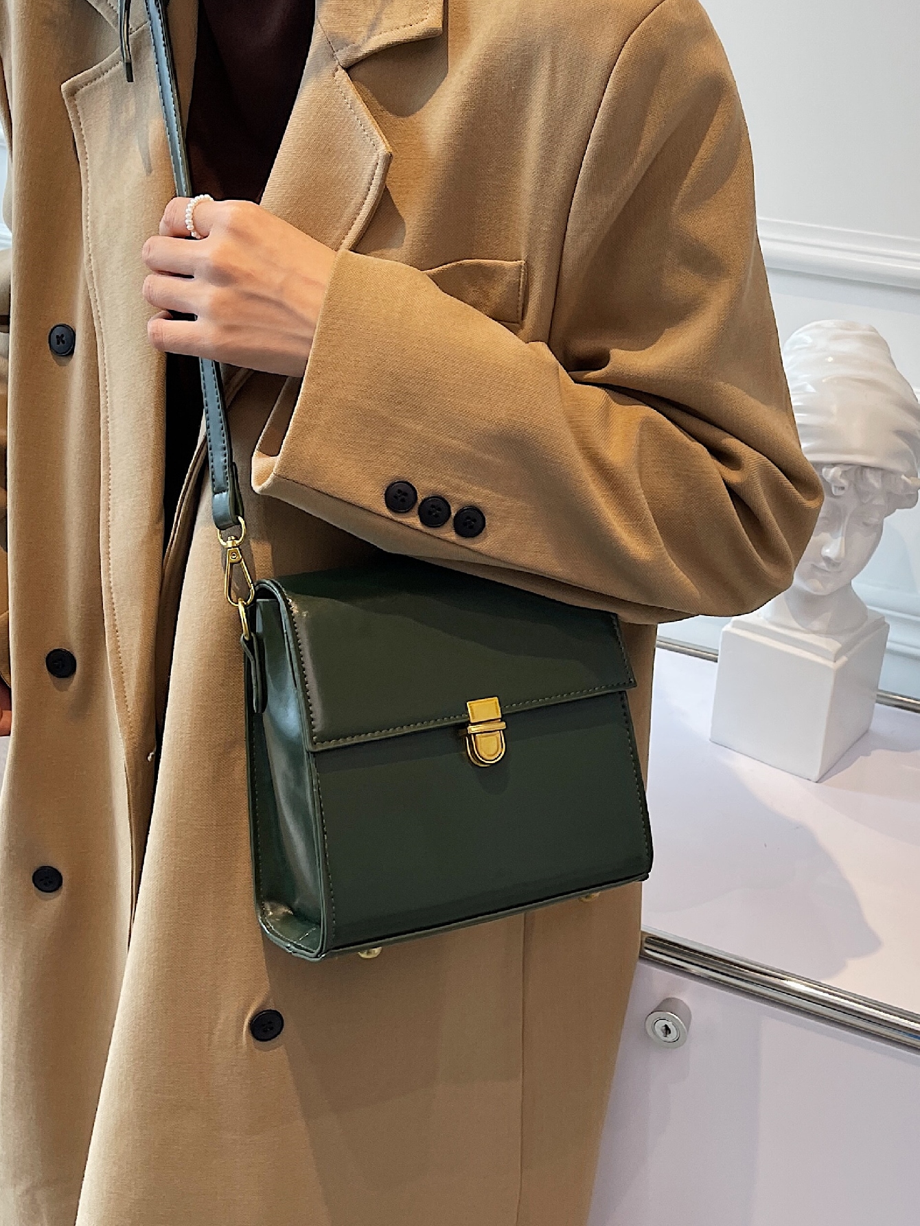Мини-минималистичная сумка через плечо с замком, темно-зеленый