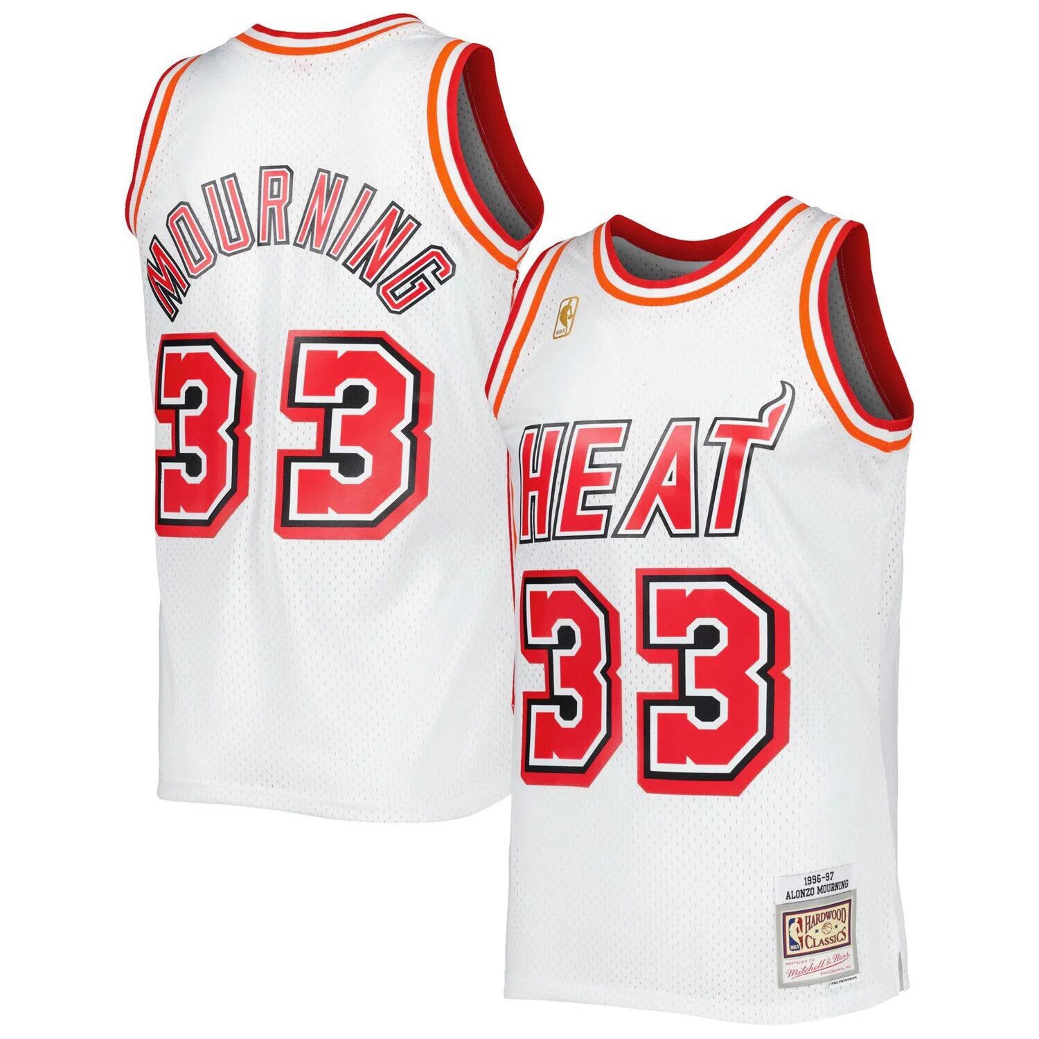 

Мужское джерси Mitchell & Ness Alonzo Mourning White Miami Heat 1996-97 Hardwood Classics Swingman