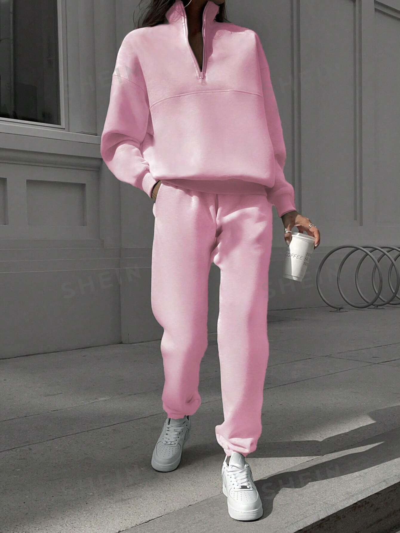 Однотонный топ с длинными рукавами на полумолнии и брюки с манжетами, розовый