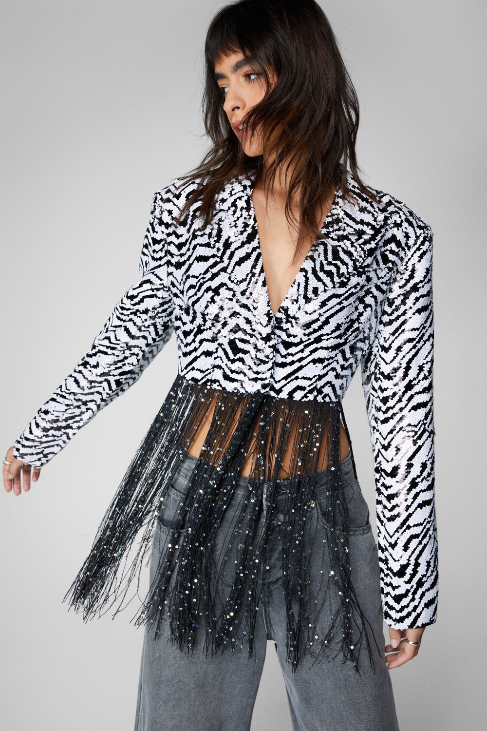 

Блейзер премиум-класса с бахромой и пайетками Zebra Nasty Gal, мультиколор
