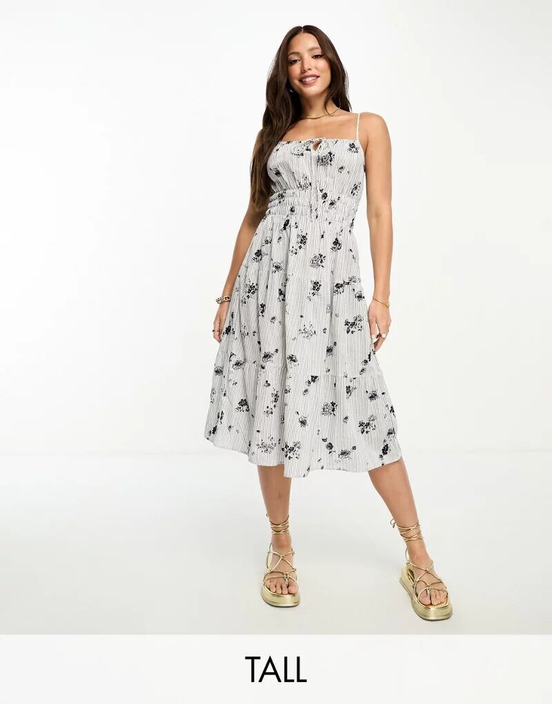 

Платье миди Vero Moda в полоску с цветочным принтом и присборенной талией