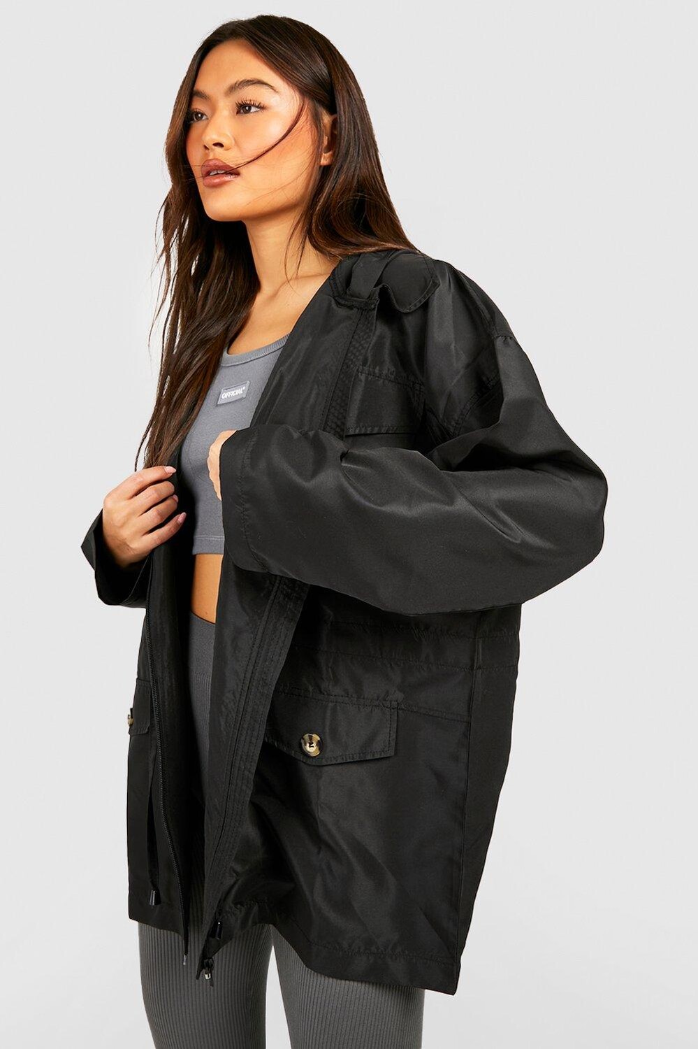

Mac с капюшоном и карманом на талии boohoo, черный