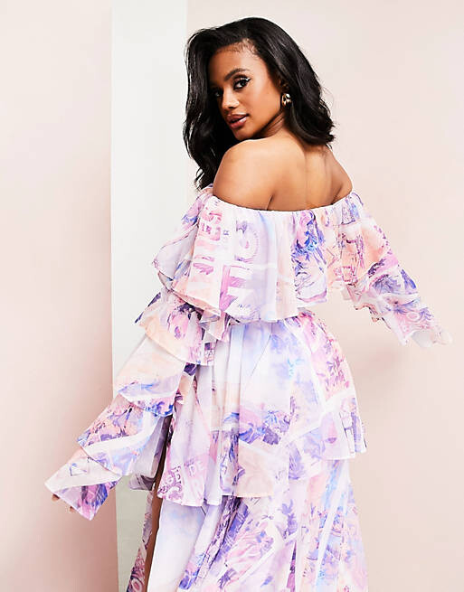 

Пляжный укороченный топ на одно плечо с супер рюшами и принтом ASOS LUXE Coord