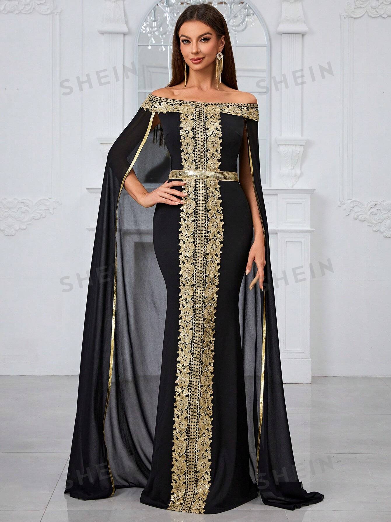 Вечернее платье Giffniseti: шифоновое платье с открытыми плечами, черный платье вечернее обтягивающее с рюшами feast