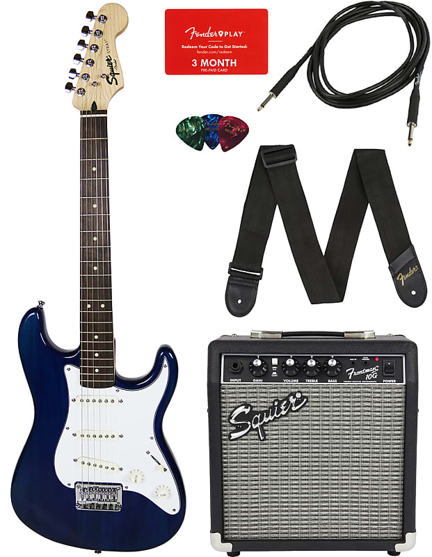 цена Электрогитара Fender Squier Short Scale 24-Inch Strat Pack - Transparent Blue w/ Tuner