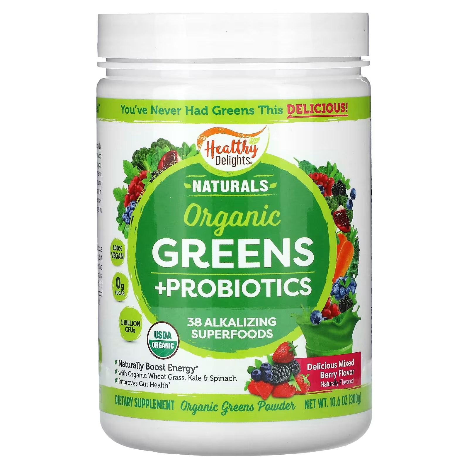 Органическая зелень + ягодная смесь пробиотиков Healthy Delights Naturals, 300 г фото