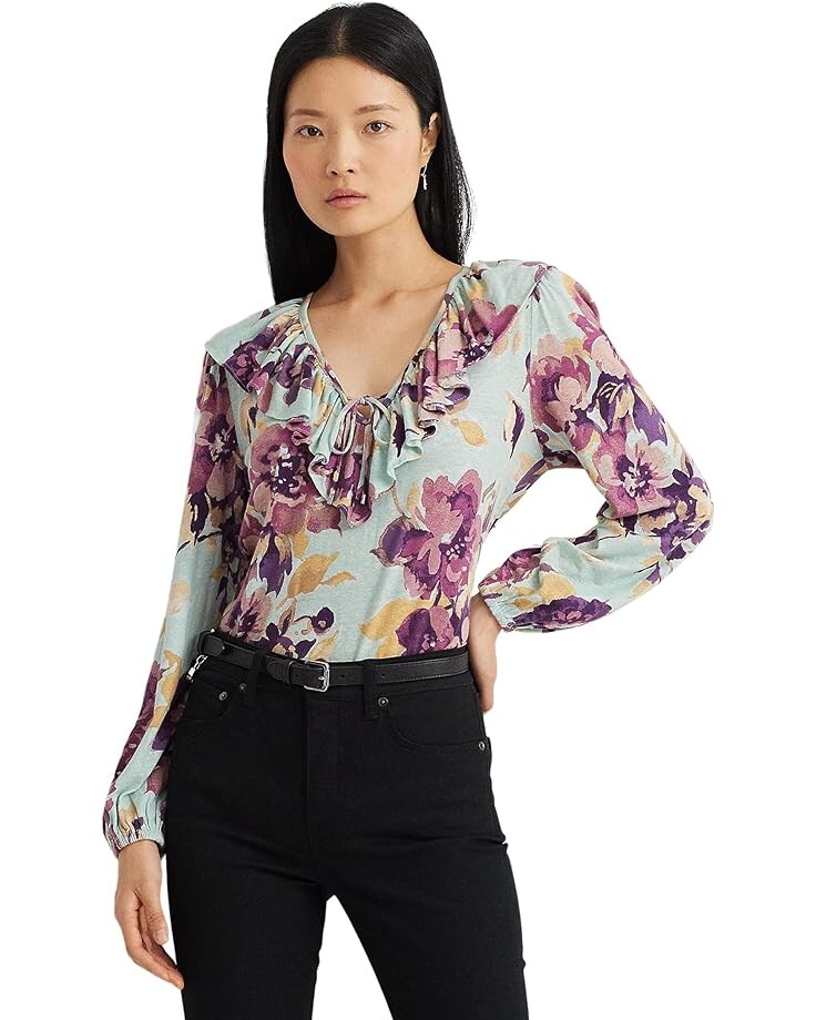 

Топ LAUREN Ralph Lauren Floral Ruffle-Trim Jersey Tie-Neck, цвет Light Green Multi