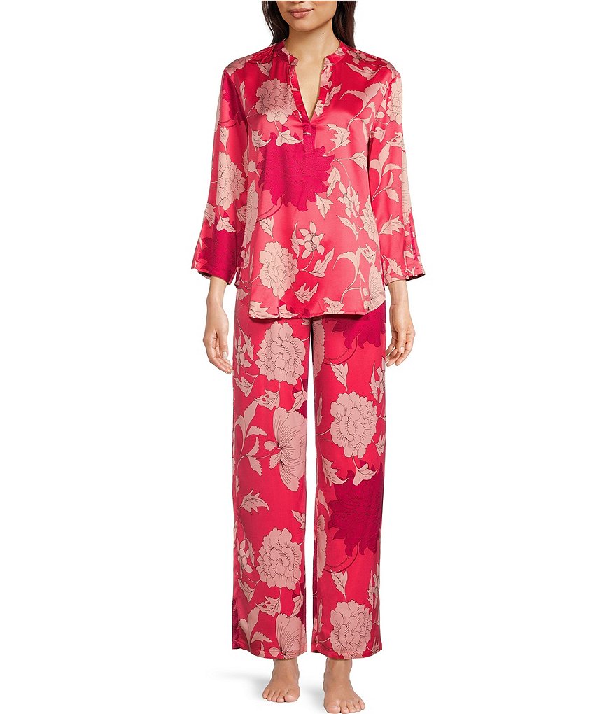 Атласный пижамный комплект с длинными рукавами N by Natori с цветочным принтом, розовый